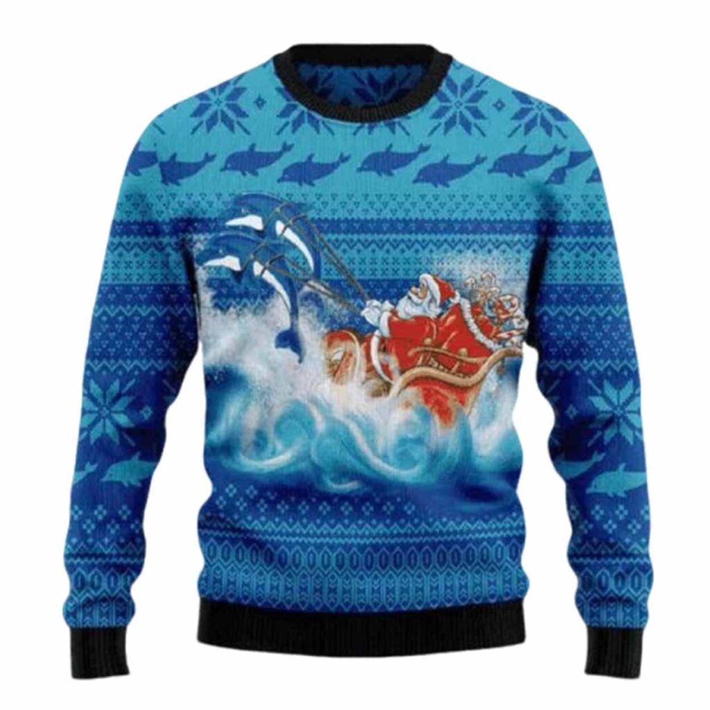 Dolphin Riding The Waves With Santa Ugly Christmas Sweater