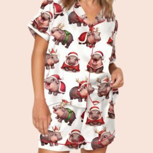 Moo Deng Santa Christmas Satin Pajama Set