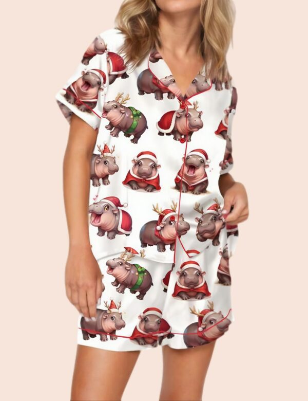 Moo Deng Santa Christmas Satin Pajama Set