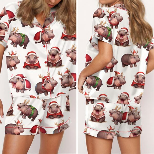 Moo Deng Santa Christmas Satin Pajama Set