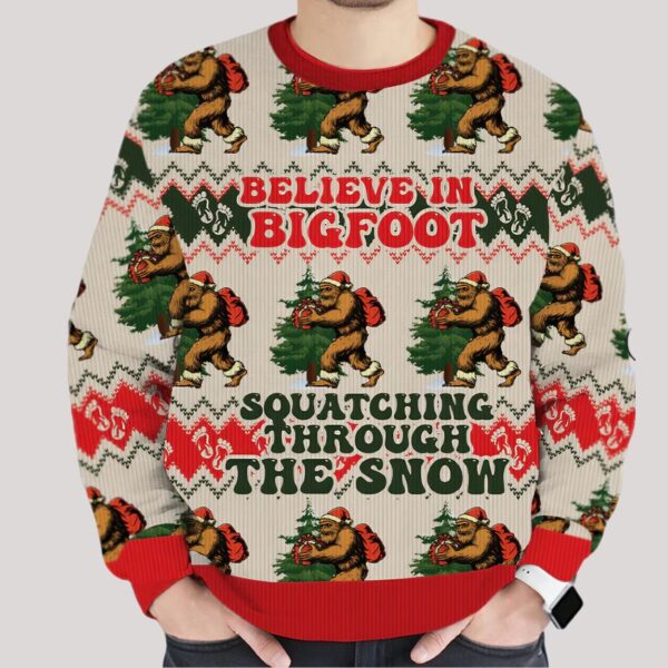 Believe In Bigfoot Squatching Through The Snow Christmas Ugly Sweater (4)