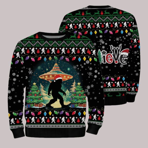 Bigfoot UFO Christmas Night Ugly Sweater1