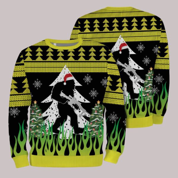 Bigfoot With Gun On Fire Christmas Ugly Sweater1