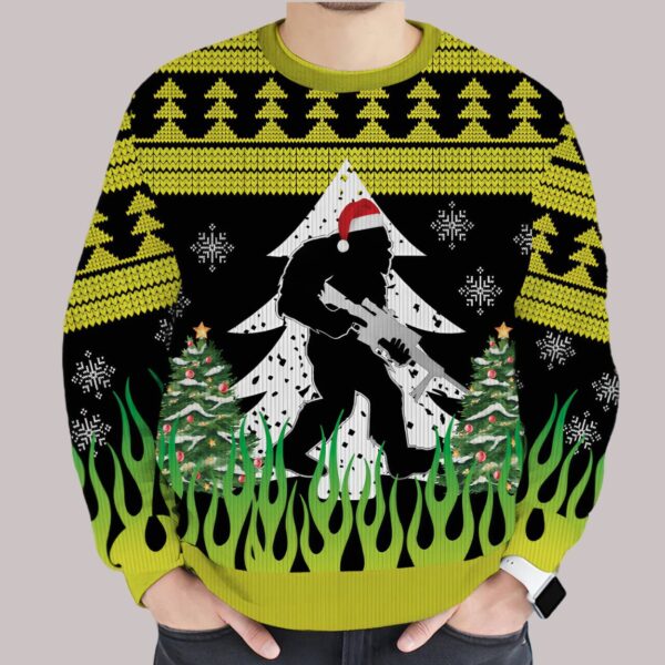 Bigfoot With Gun On Fire Christmas Ugly Sweater3