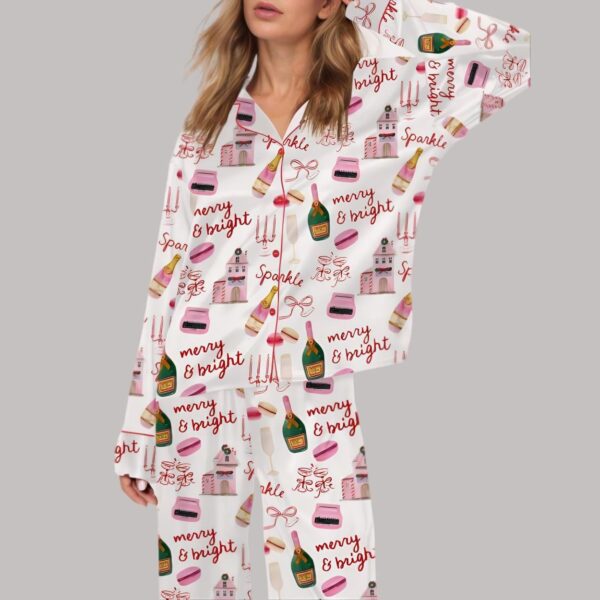 Christmas Pink Champagne Macarons Satin Pajama Set1