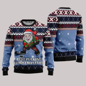 Funny Santa Playing Hockey Ugly Christmas Sweater