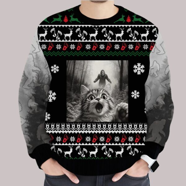 Funny Surprised Scared Cat Selfie With Sasquatsch Bigfoot Christmas Ugly Sweater3