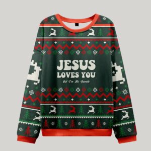 Jesus Loves You But I'm His Favorite Green Christian Ugly Christmas Sweater