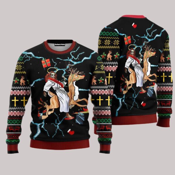 Jesus Riding Reindeer Black Christmas Ugly Christmas Sweater