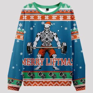 Skeleton Santa Merry Liftmas Ugly Sweater