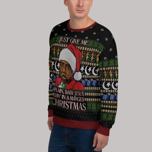 Stanley Hudson Just Give Me Plain Baby Jusus Lyin' In A Manger Christmas Ugly Sweater2