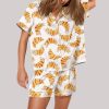 Cat In Croissant Print Satin Pajama Set