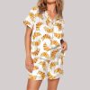 Cat In Croissant Print Satin Pajama Set