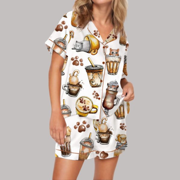 Coffee And Cats Satin Pajama Set