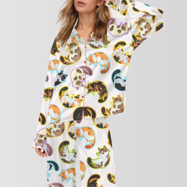 Cute Belly Cat Satin Pajama Set