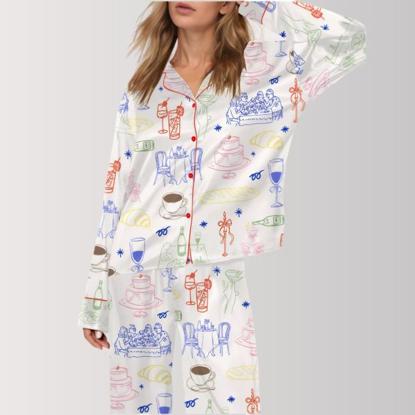 French Cafe Doodle Satin Pajama Set