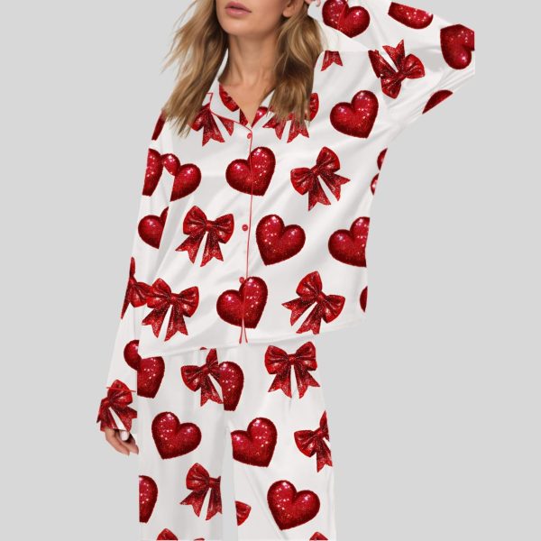 Glitter Heart Valentine Satin Pajama Set