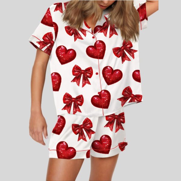 Glitter Heart Valentine Satin Pajama Set