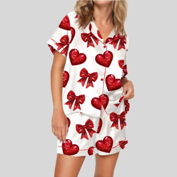 Glitter Heart Valentine Satin Pajama Set