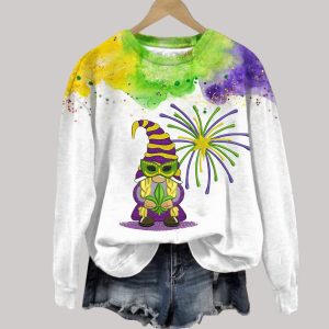 Mardi Gras Gnome Printed Round Neck Sweatshirt