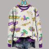 Mardi Gras Mask And Crown Print Round Neck Sweatshirt