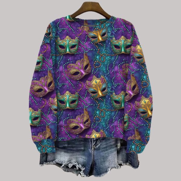 Mardi Gras Mask Beads Print Casual Sweatshirt