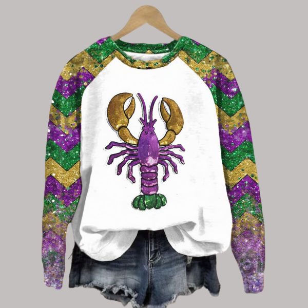 Mardi Gras Print Crawfish Round Neck Sweatshirt