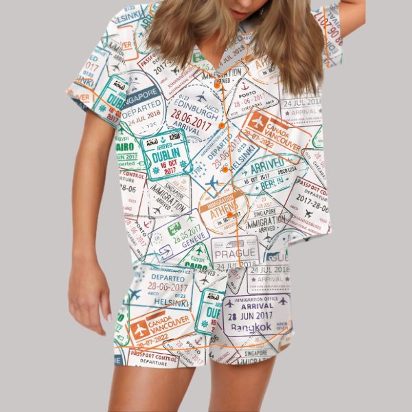 Passport Travel Stamps Satin Pajama Set