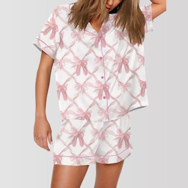 Pink Bow Print Satin Pajama Set