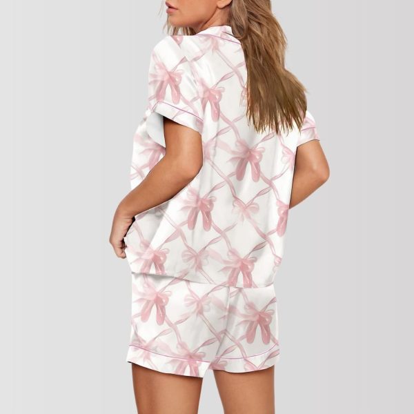 Pink Bow Print Satin Pajama Set