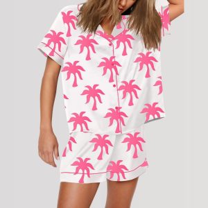 Pink Palm Print Satin Pajama Set