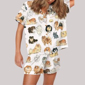 Pomeranian Dog Print Satin Pajama Set