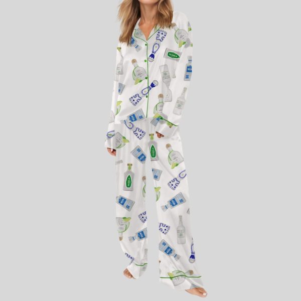 Relaxation Wear with Luxury Tequila Bottle Themed Prints Satin Pajama Set