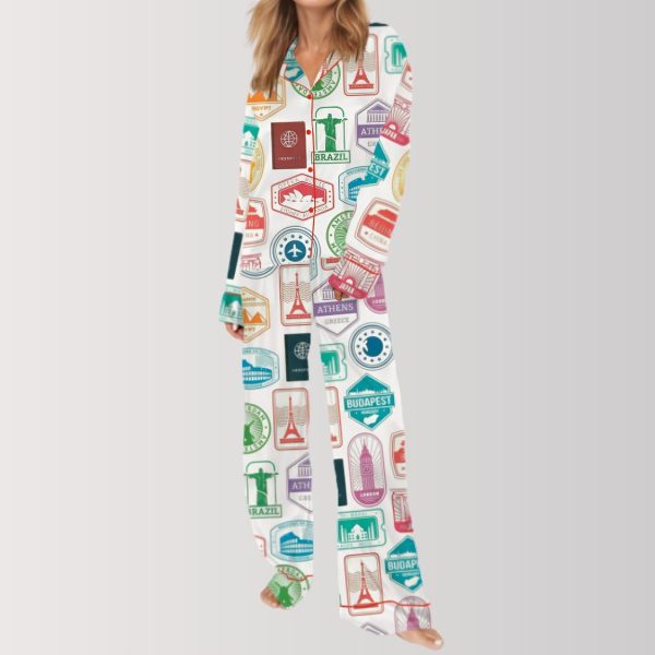 Travel Passport Destination Stamp Satin Pajama Set