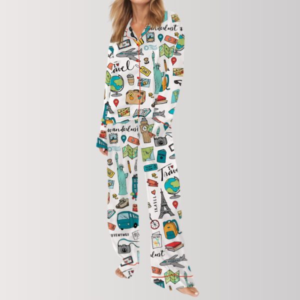 Wanderlust Travel Icons Satin Pajama Set