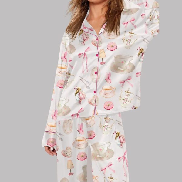 Whimsical Tea Party Pink Bow Pajamas Set