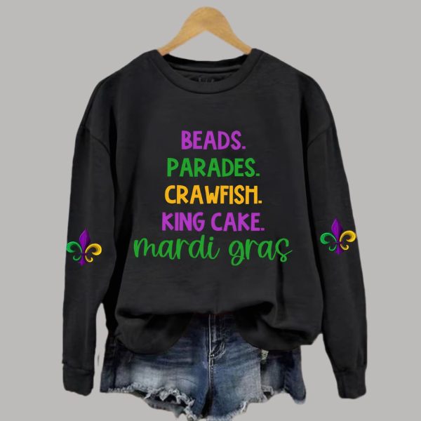 Beads Parades Crawfish Kingcake Mardi Grag Print Crew Neck Sweatshirt