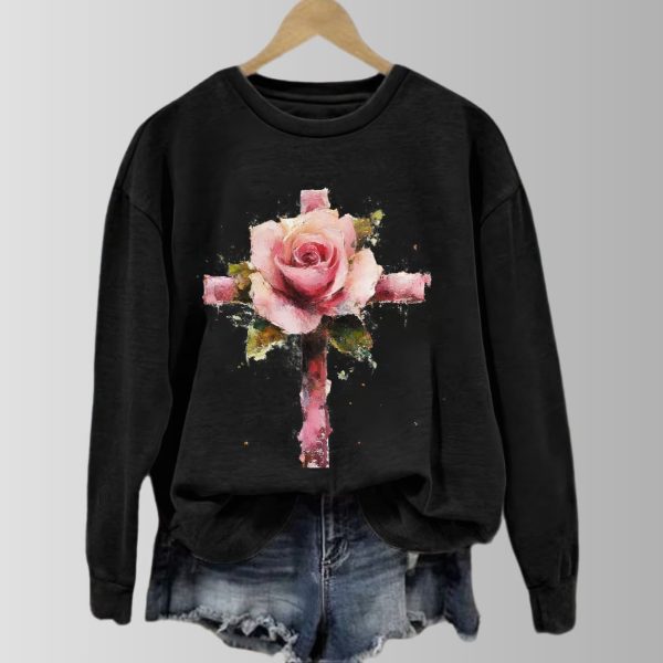 Casual Valentine's Day Rose Cross Print Sweatshirt