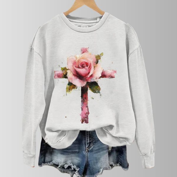 Casual Valentine's Day Rose Cross Print Sweatshirt