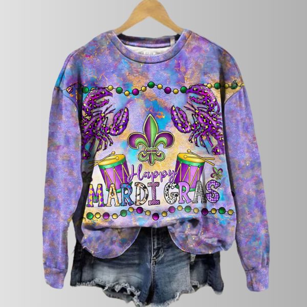 Colorful Mardi Gras Crawfish and Drum Pattern Sweatshirt