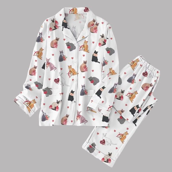 Cute Valentine Cats And Heart Pajamas Set