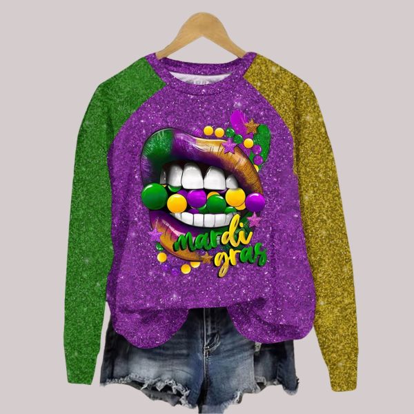 Glittery Lip Beads Mardi Gras Sweatshirt