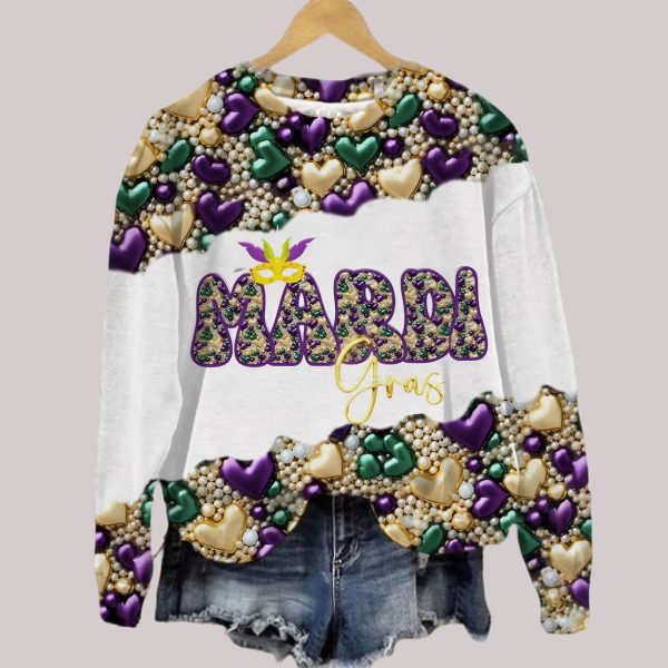 Heart Mardi Gras Print Sweatshirt