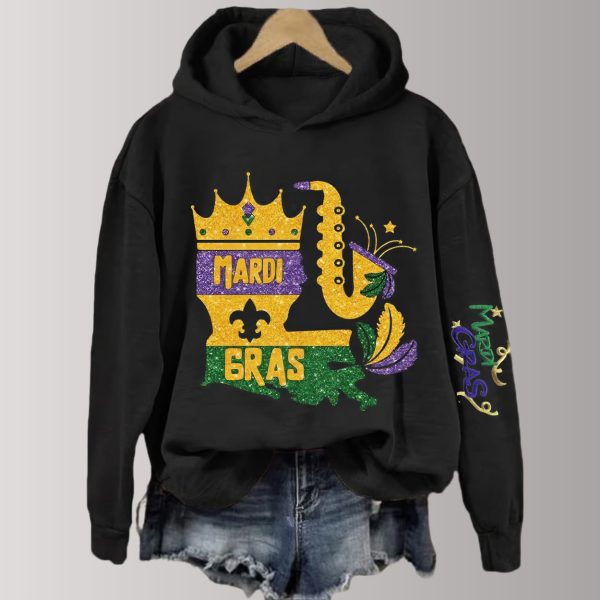 Louisiana Mardi Gras Crown Saxophone Glitter Sweatshirt