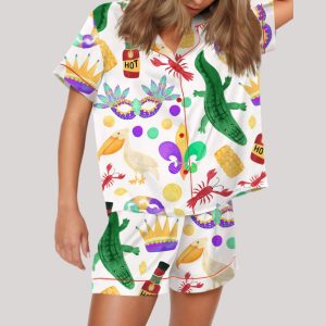 Mardi Gras Alligator Pelican Crawfish King Cake Satin Pajama Set