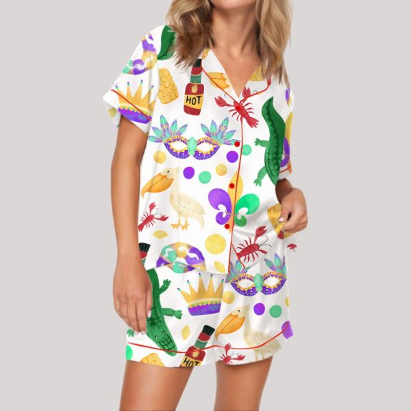 Mardi Gras Alligator Pelican Crawfish King Cake Satin Pajama Set