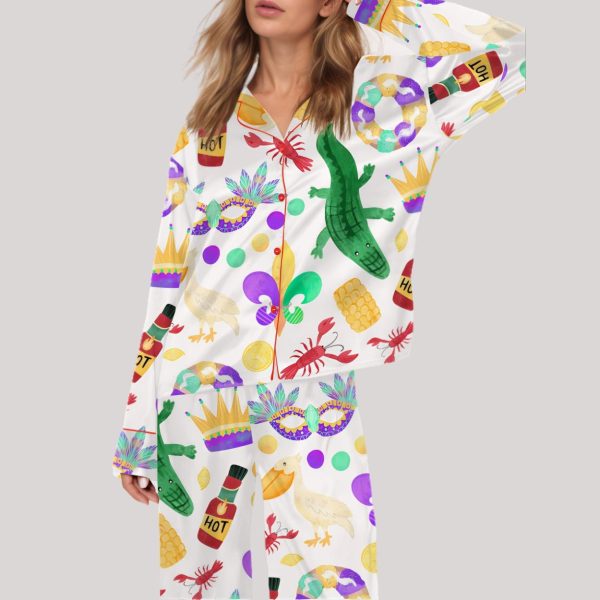 Mardi Gras Alligator Pelican Crawfish King Cake Satin Pajama Set