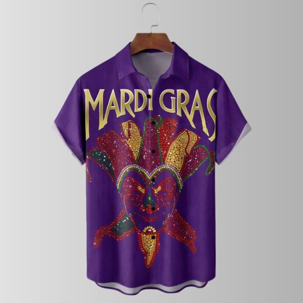 Mardi Gras Art Glitter Clown Mask Purple Hawaiian Shirt