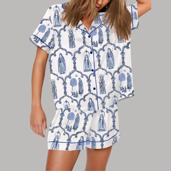 Mary Apparition Catholic Blue & White Pajama Set