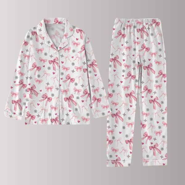 Pink Ribbon Heart Star Satin Pajama Set